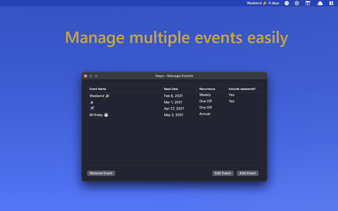 Days Countdown For Menu Bar On Mac v1.9.1 Displays The Number Of Days Days Countdown for Menu Bar free download